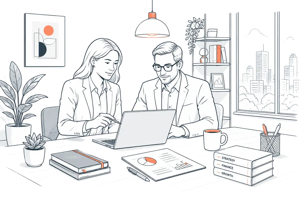 Illustration of two independent professionals reviewing work together
