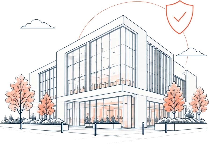 Illustration of a modern office building protected by a shield